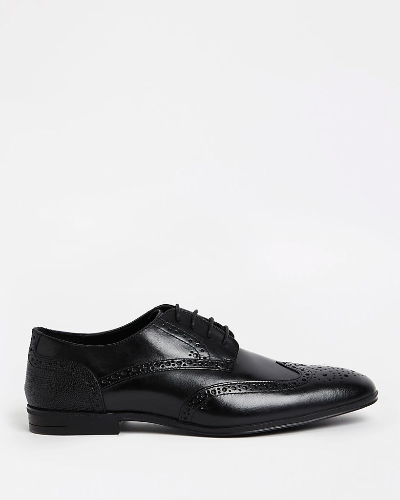 Mens River Island Black Leather Lace Up Brogue Derby Shoes