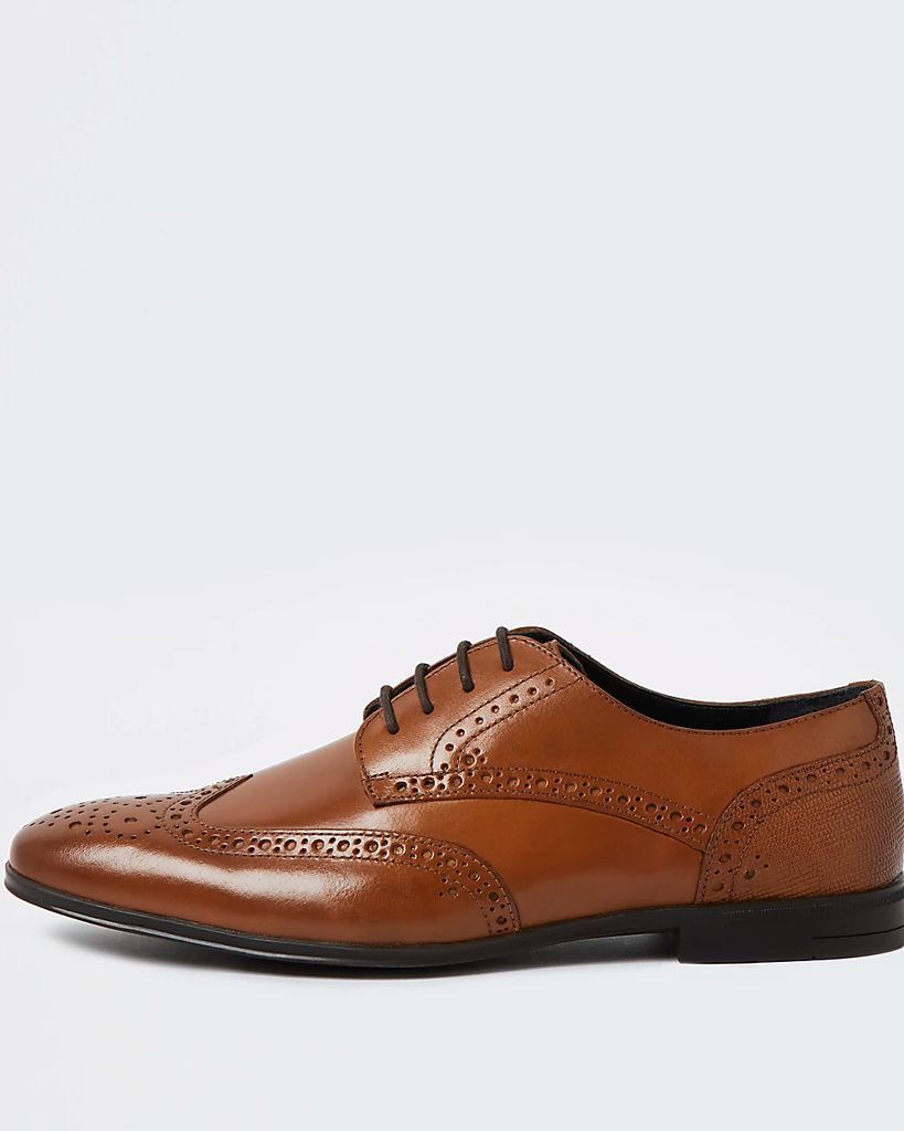 Mens River Island Brown Leather Wide Fit Brogue Derby Shoes