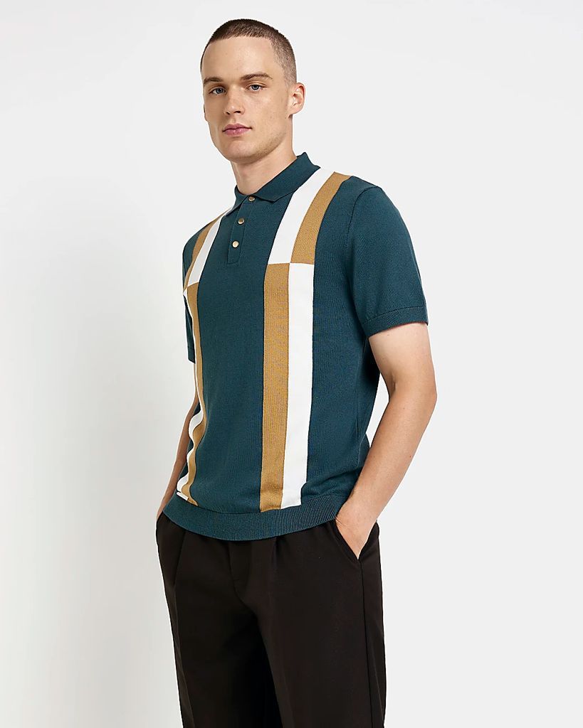 Mens River Island Green Slim Fit Colour Block Knit Polo Shirt