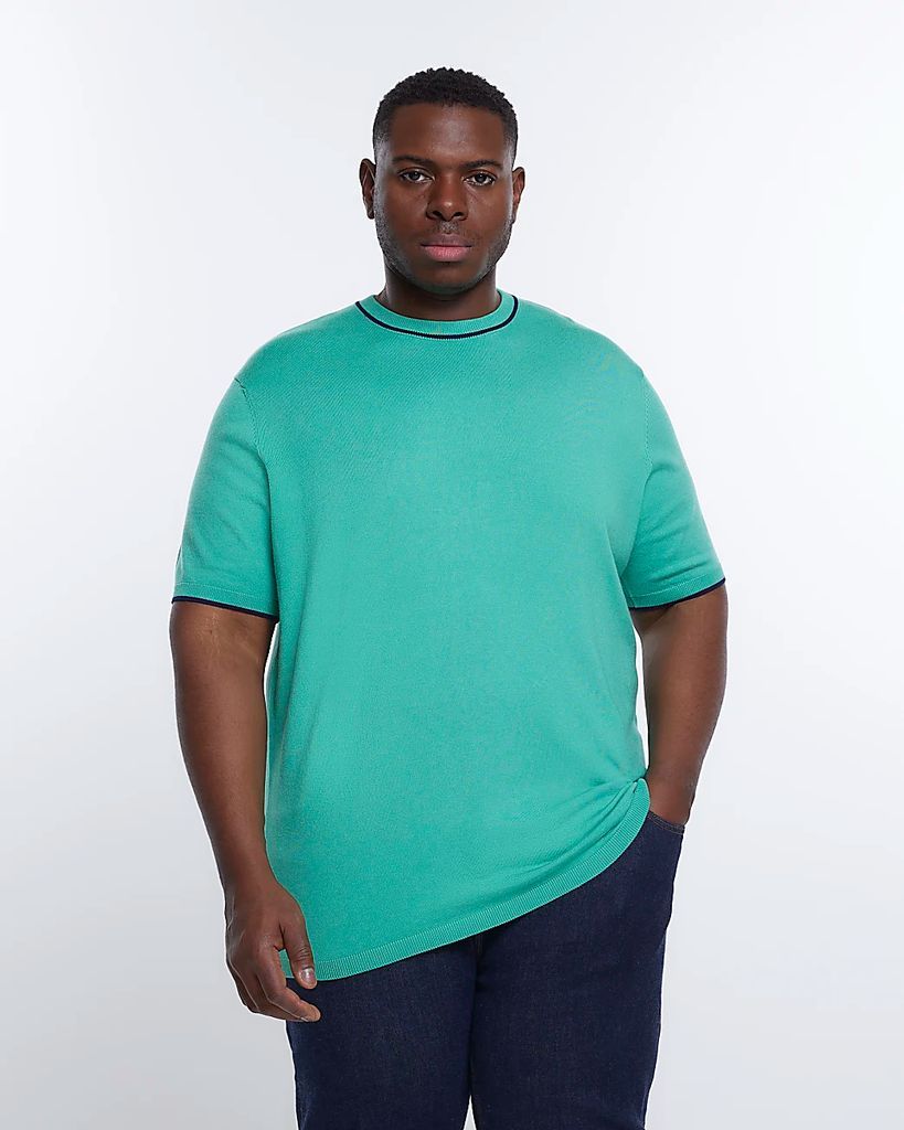 Mens River Island Big & Tall Green Slim Fit Knitted T-Shirt
