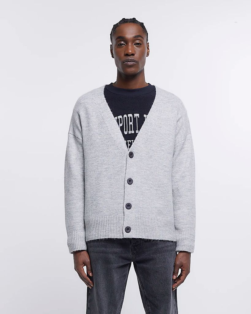 Mens River Island Grey Boxy Fit Knitted Cardigan