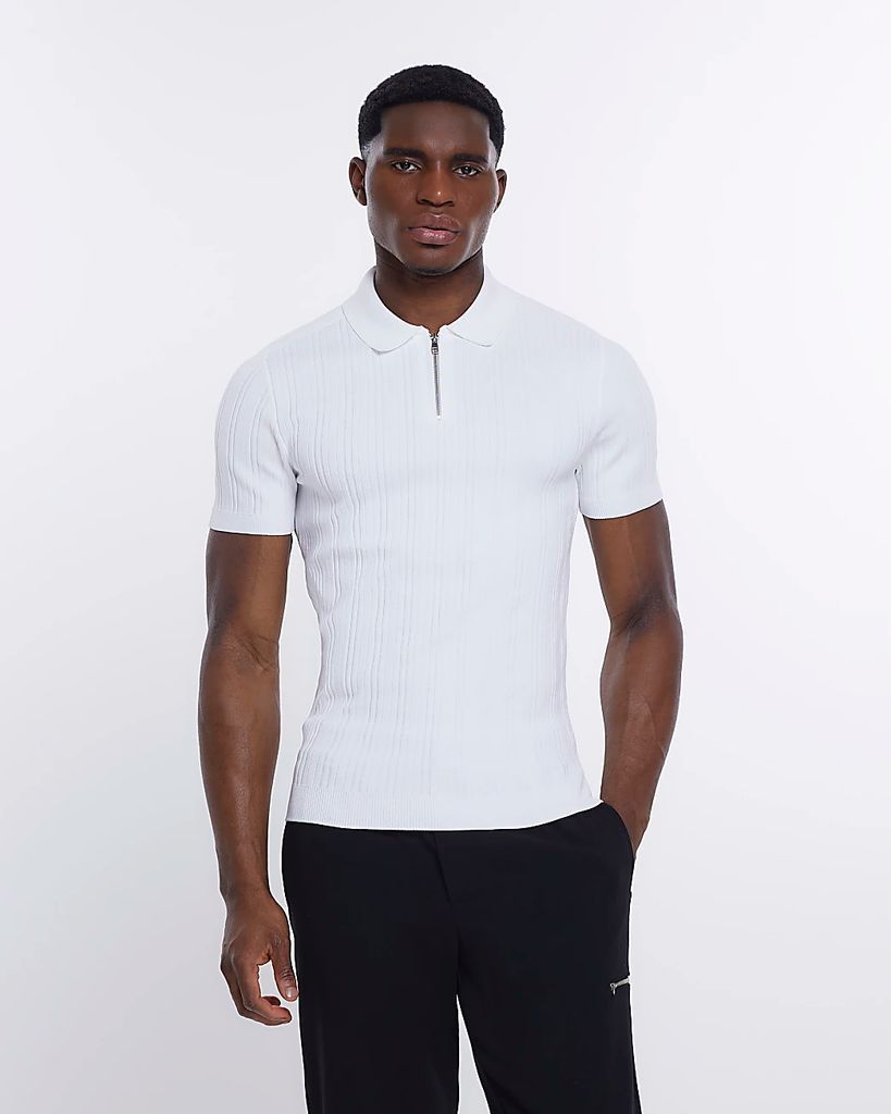 Mens River Island White Muscle Fit Ribbed Zip Up Polo Shirt