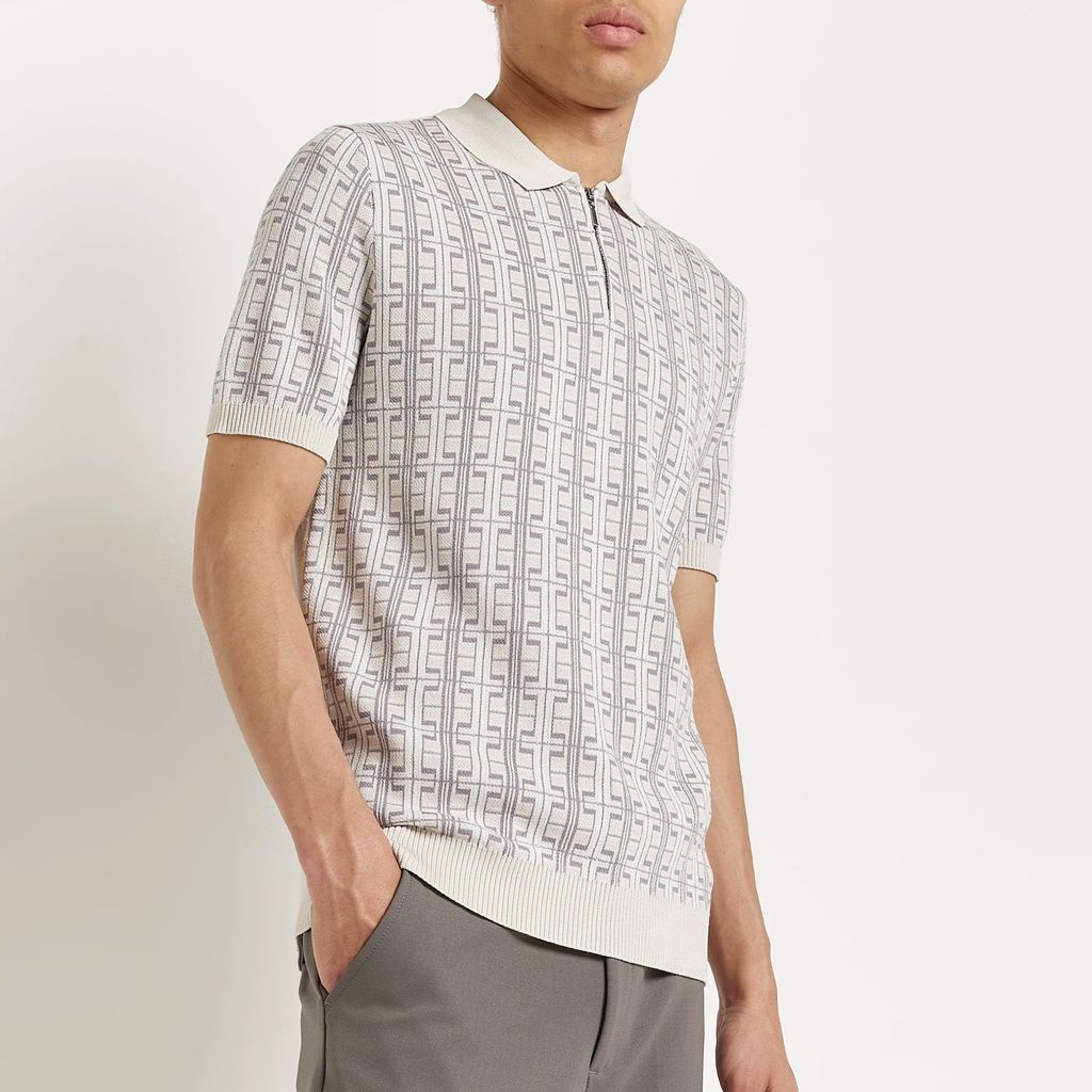 Mens River Island Beige Slim Fit Print Knitted Polo Shirt