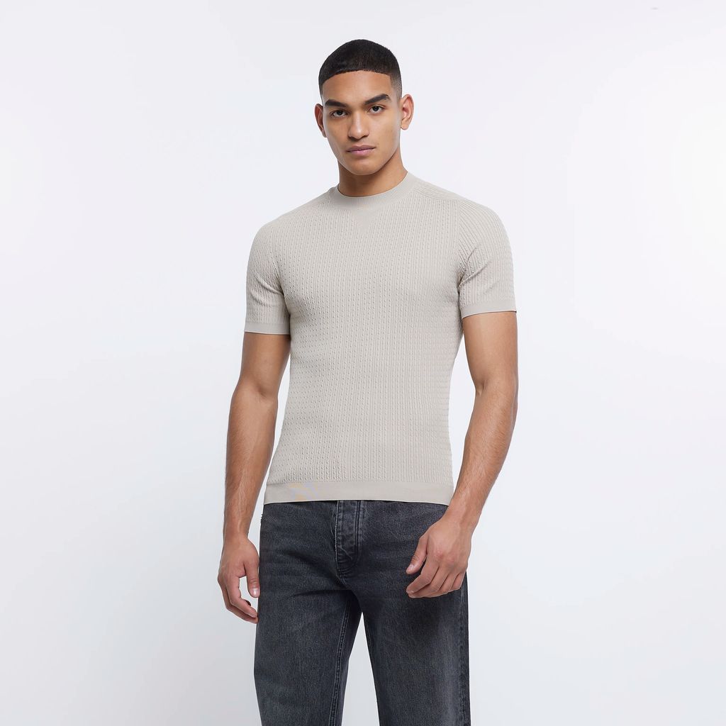 Mens River Island Beige Muscle Fit Knitted T-Shirt
