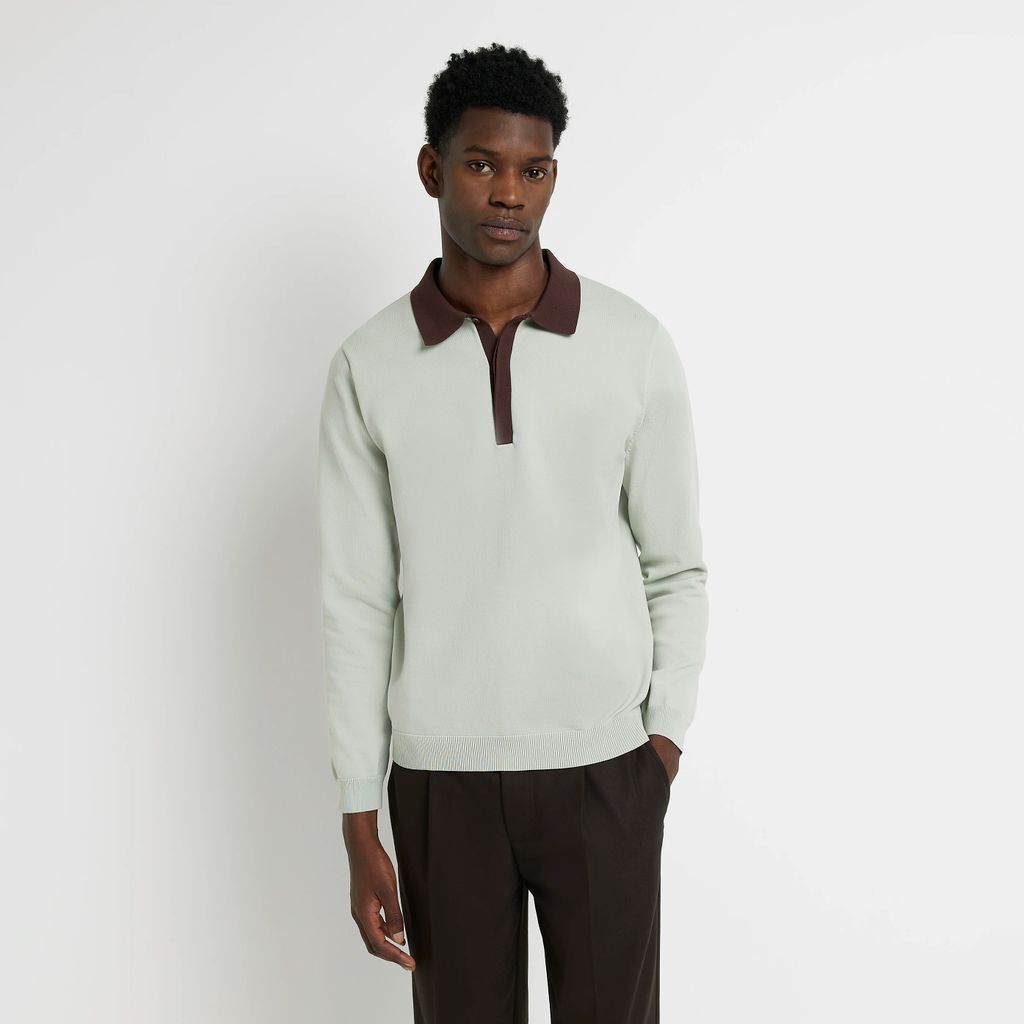 Mens River Island Light Green Slim Fit Contrast Knit Polo Shirt