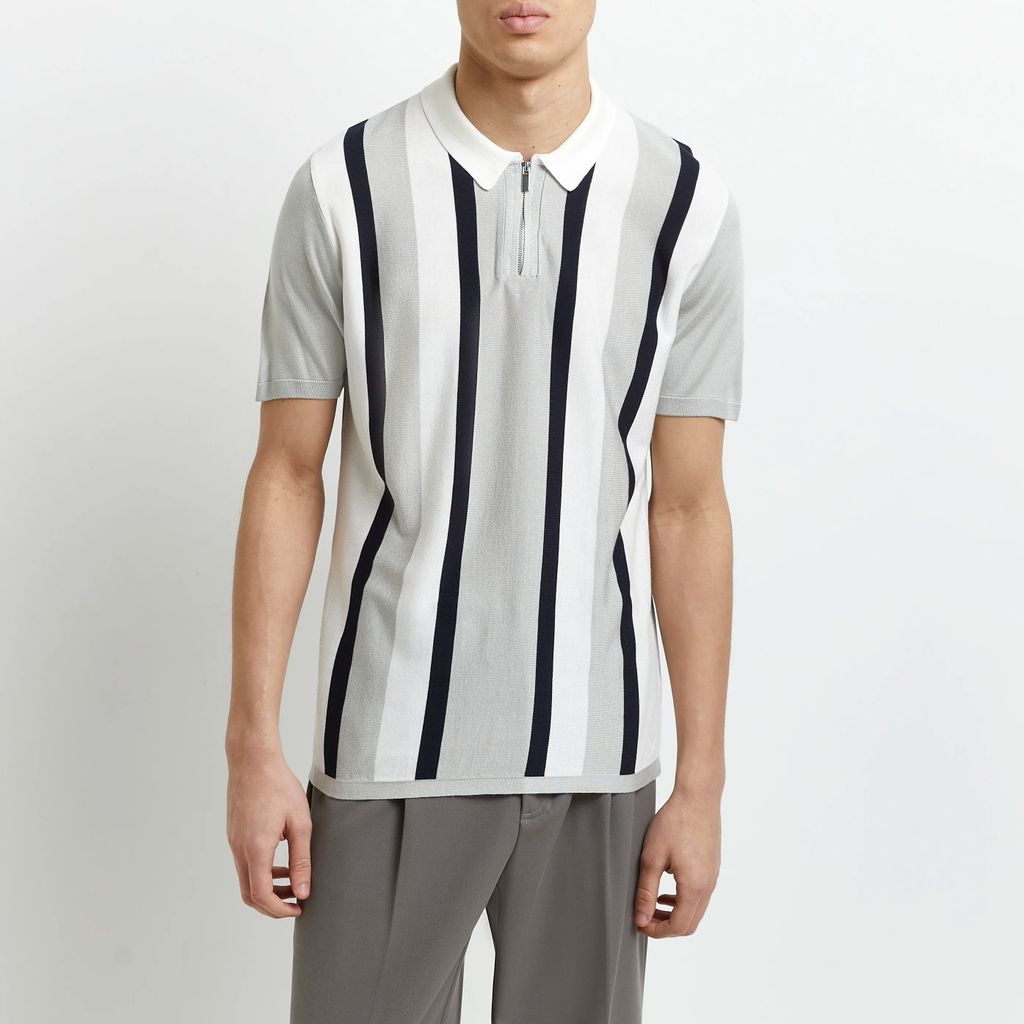 Mens River Island Grey Slim Fit Stripe Knitted Polo Shirt