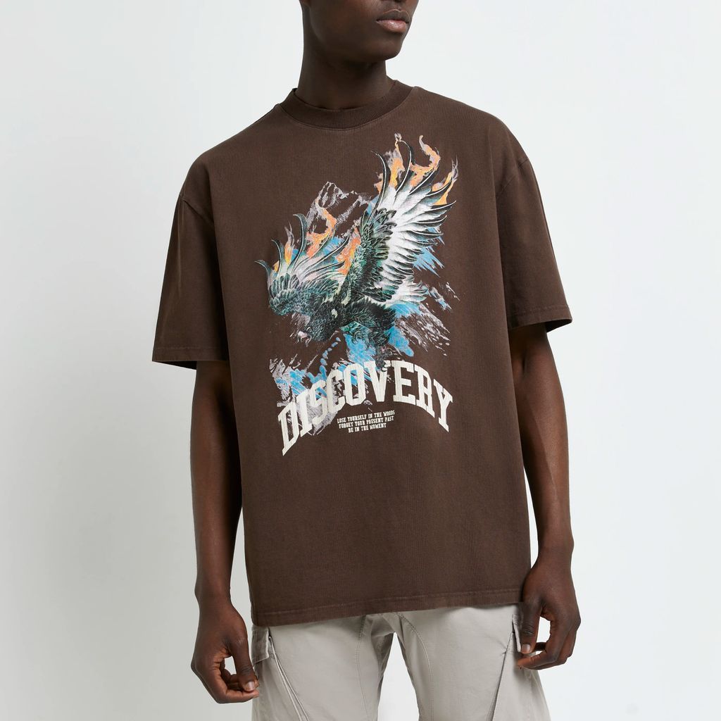 Mens River Island Brown Oversized Fit Graphic Eagle T-Shirt