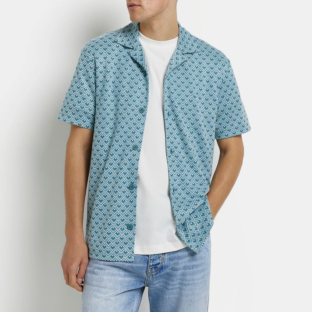 Mens River Island Blue Regular Fit Jacquard Print Revere Shirt
