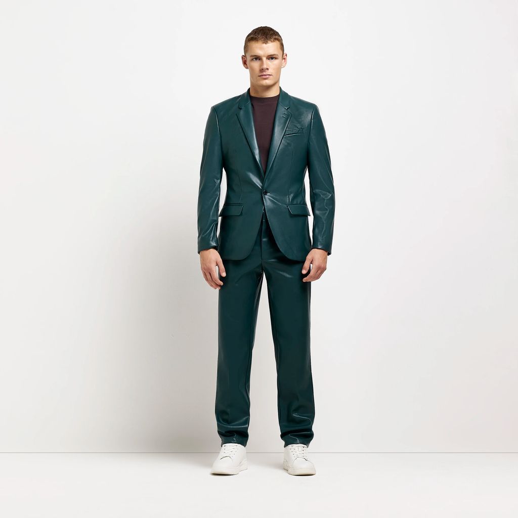 Mens River Island Green Slim Fit Faux Leather Suit Trousers