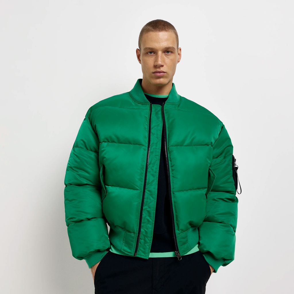 Mens River Island Green Oversized Fit Bomber Puffer Jacket