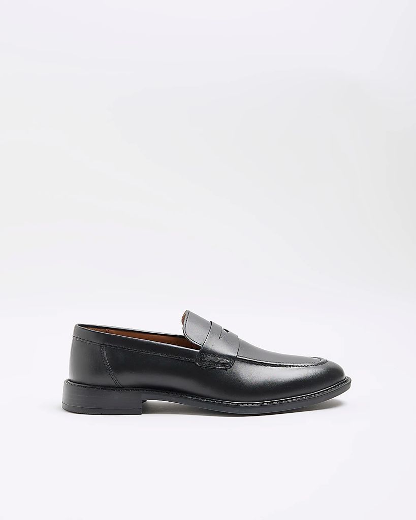 Mens River Island Black Leather Penny Loafers