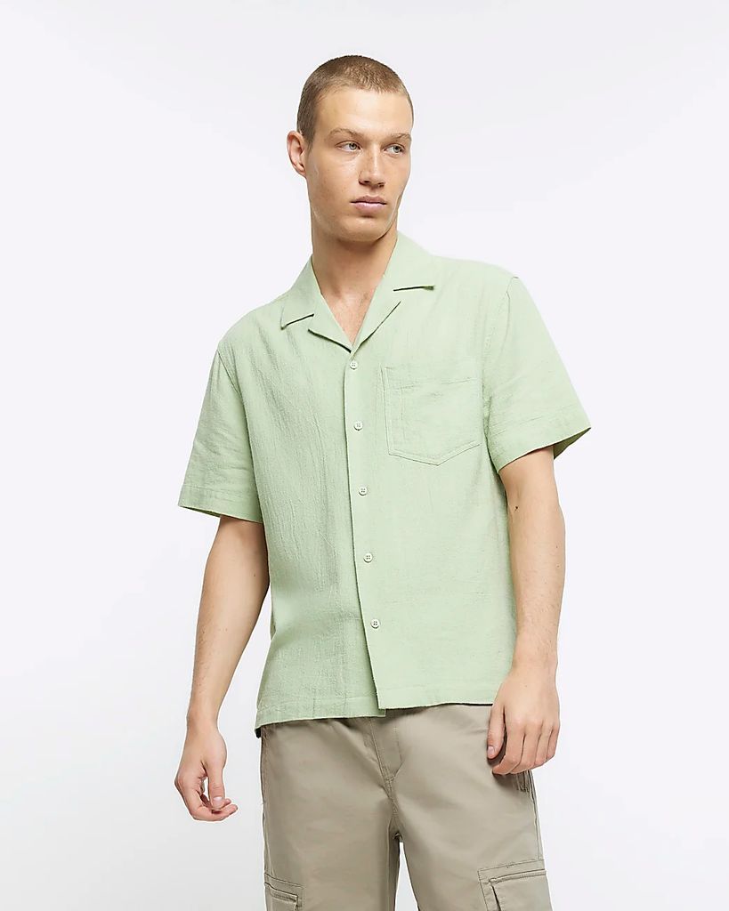 Mens River Island Green Regular Fit Linen Blend Revere Shirt