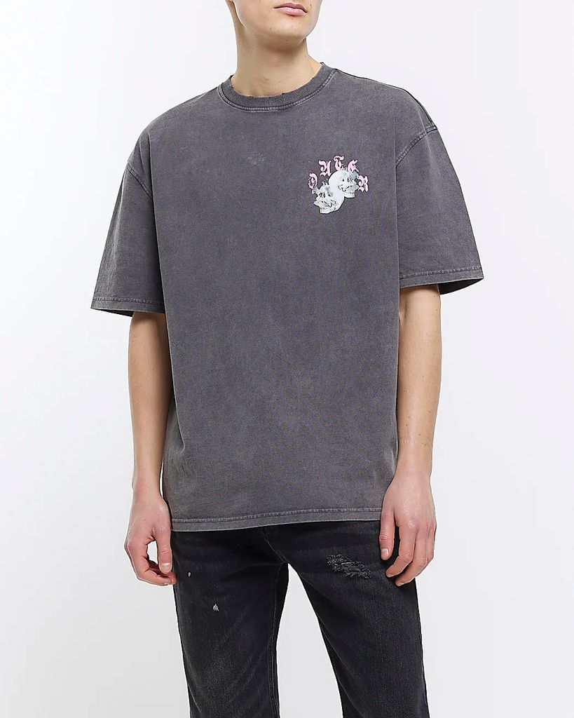 Mens River Island Washed Grey Oversized Fit Skull Print T-Shirt