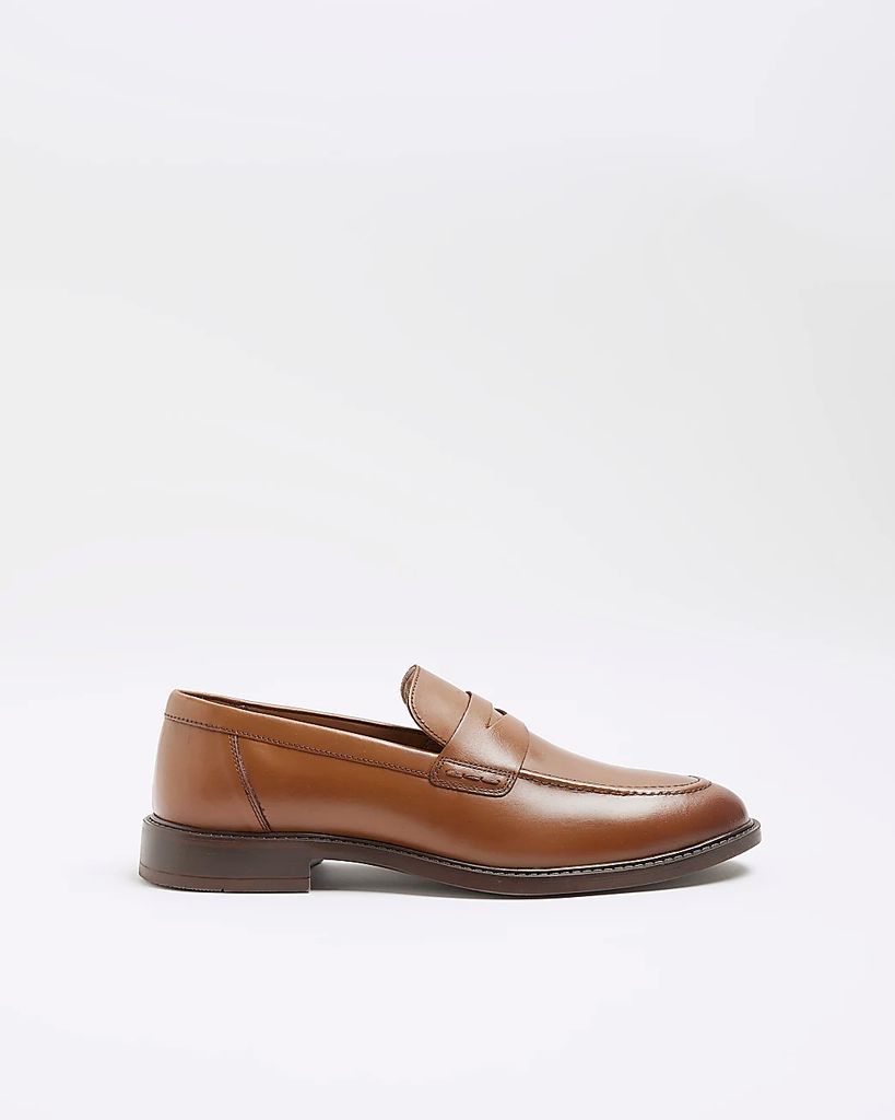 Mens River Island Brown Leather Penny Loafers