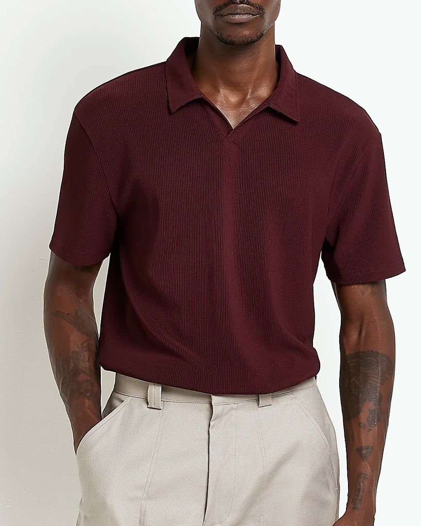 Mens River Island Dark Red Slim Fit Textured Polo Shirt