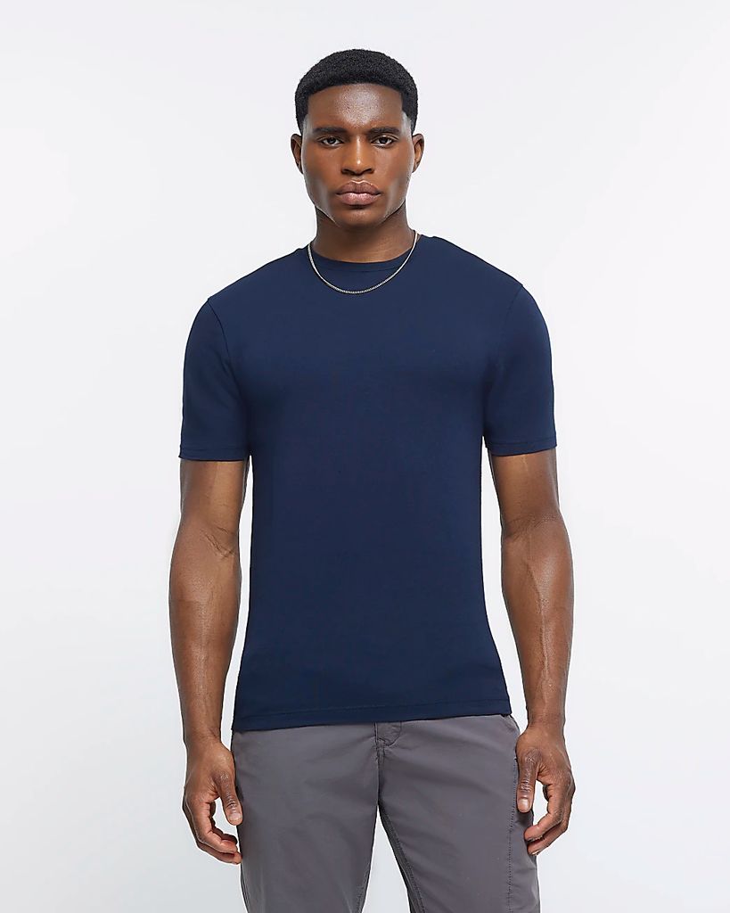 Mens River Island Navy Muscle Fit Short Sleeve T-Shirt