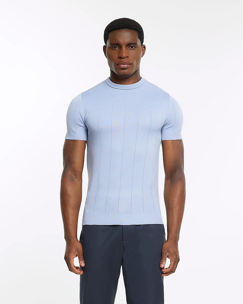Mens River Island Blue Muscle Fit Knitted T-Shirt