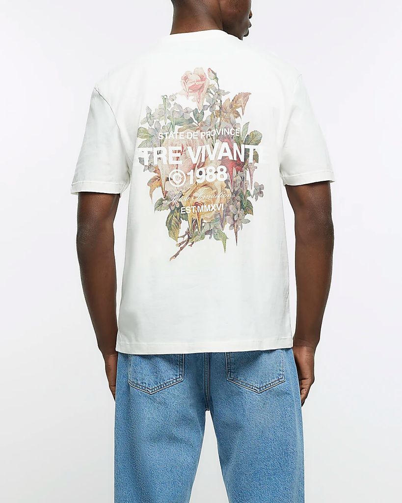 Mens River Island Ecru Regular Fit Graphic Floral T-Shirt