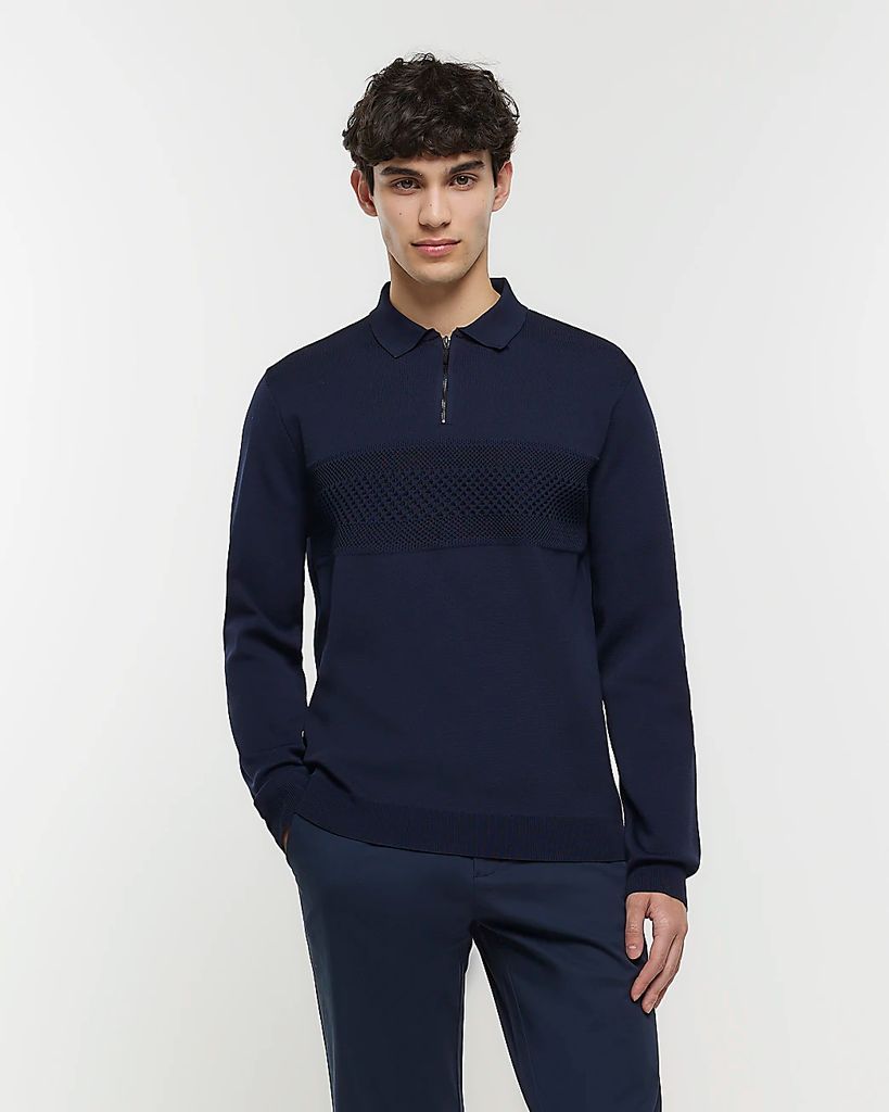 Mens River Island Navy Slim Fit Knitted Long Sleeve Polo Shirt
