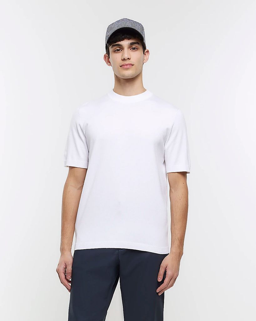 Mens River Island White Slim Fit Knitted T-Shirt