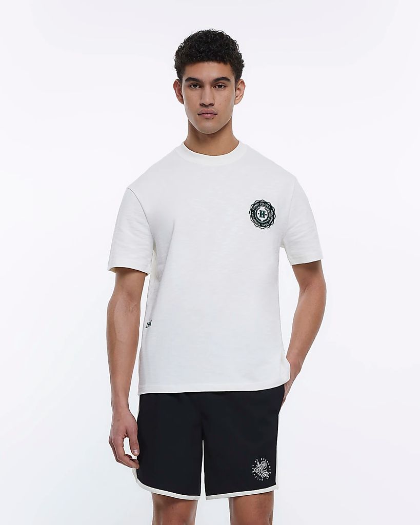 Mens River Island Ecru Holloway Road Regular Fit Badge T-Shirt