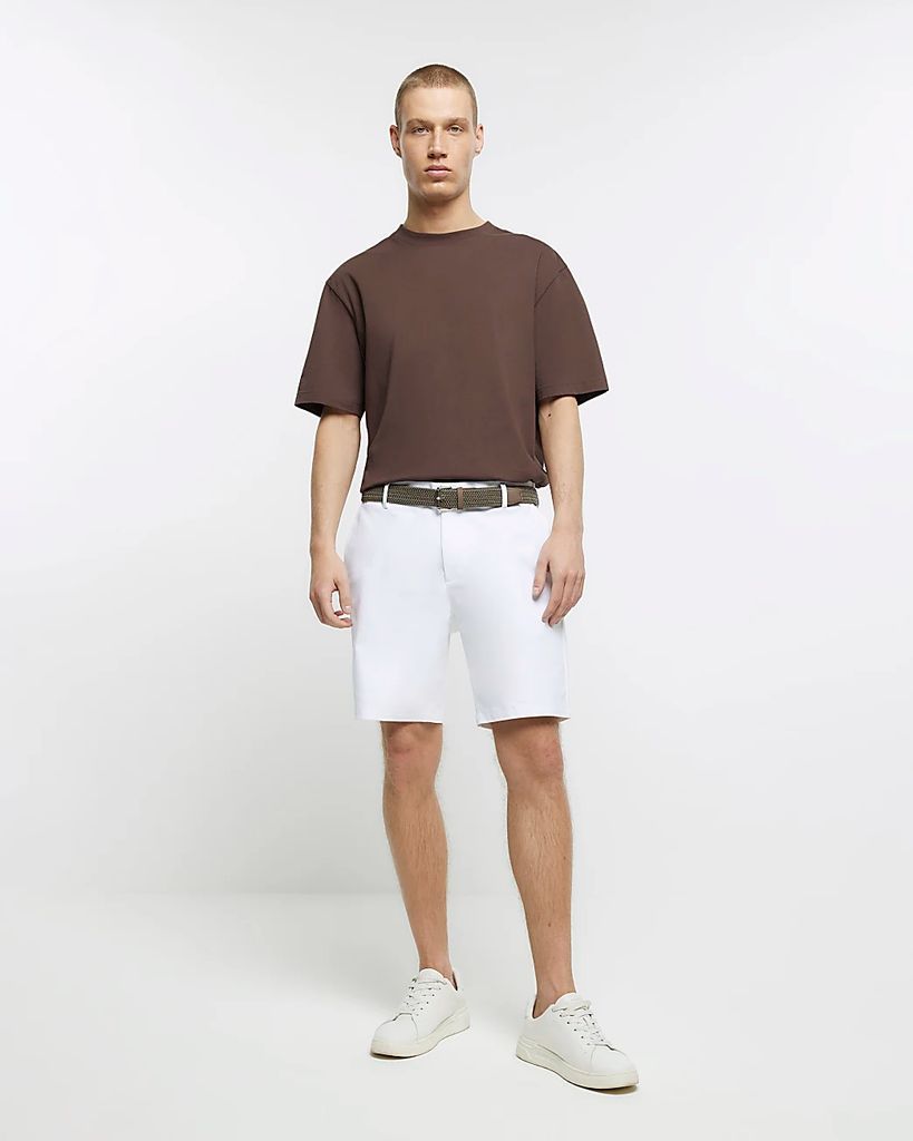 Mens River Island White Regular Fit Belted Chino Shorts