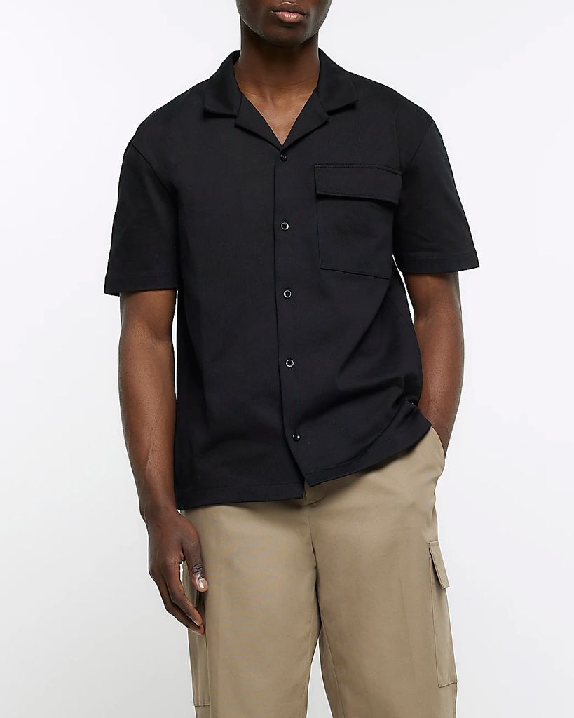 Mens River Island Black Regular Fit Chest Pocket Revere Shirt