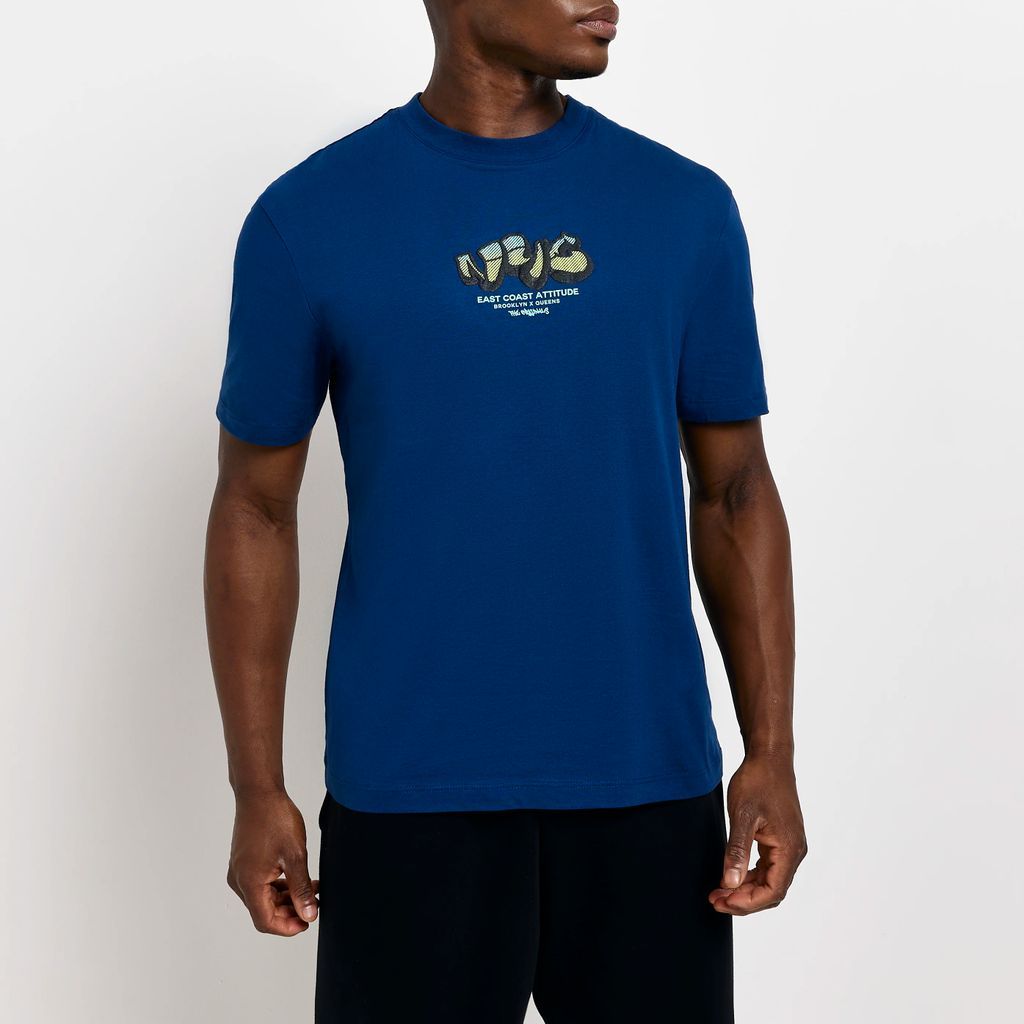 Mens River Island Blue Regular Fit Embroidered T-Shirt