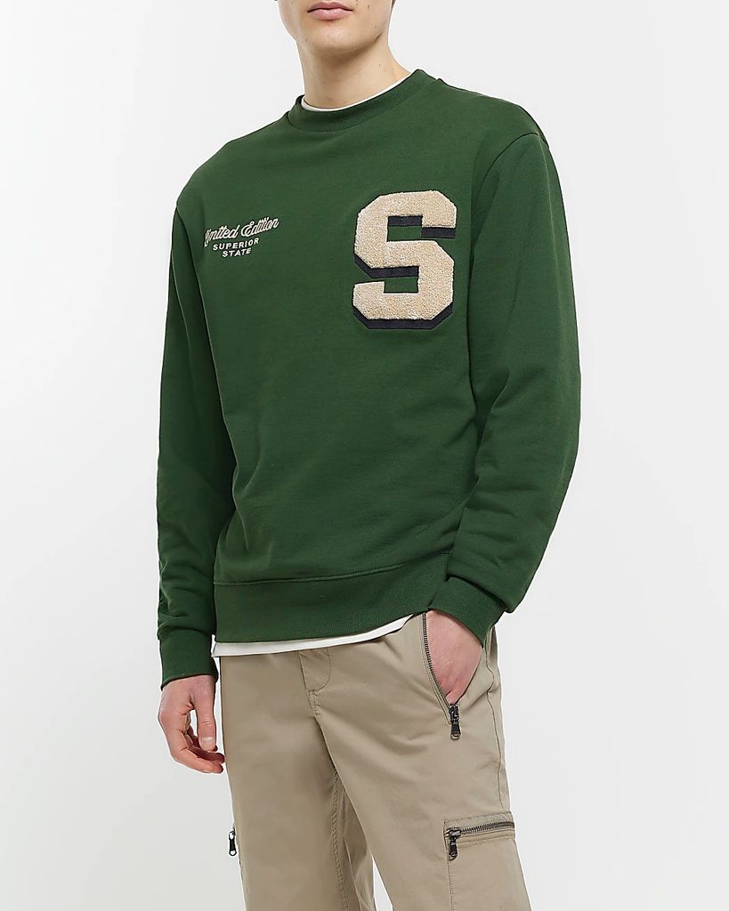 Mens River Island Green Regular Fit Varsity Sweatshirt
