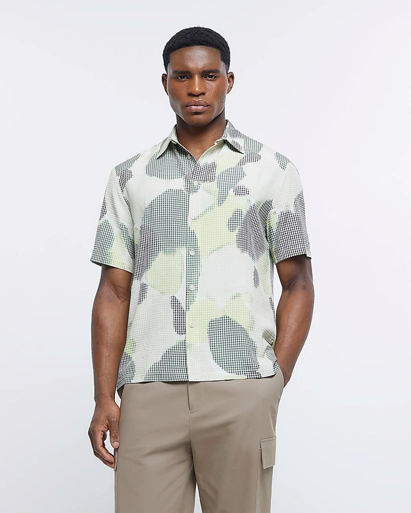 Mens River Island Green Regular Fit Abstract Short Sleeve Shirt