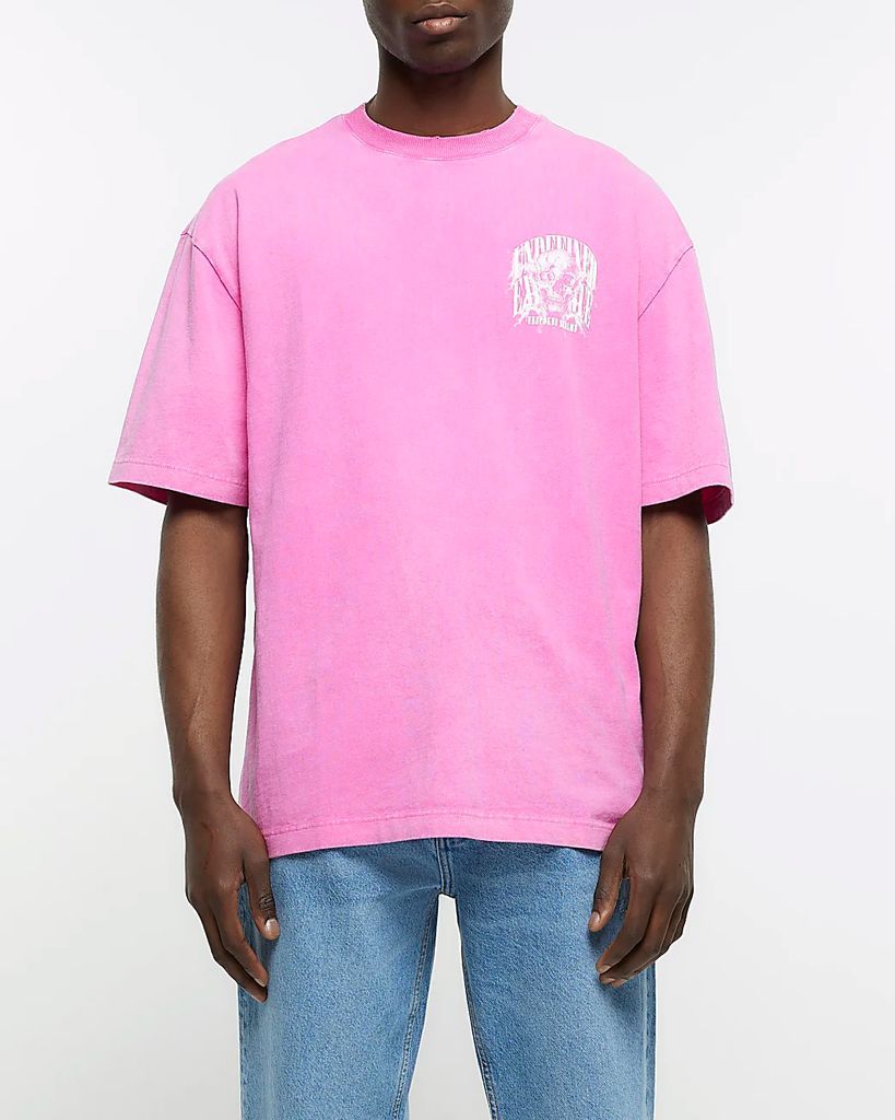 Mens River Island Washed Pink Oversized Fit Skull Print T-Shirt