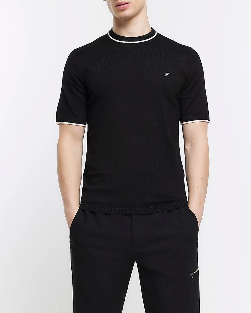 Mens River Island Black Slim Fit Knitted Embroidered T-Shirt