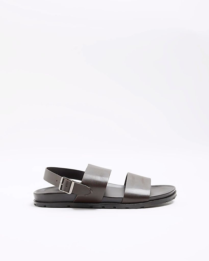 Mens River Island Brown Leather Double Strap Sandals