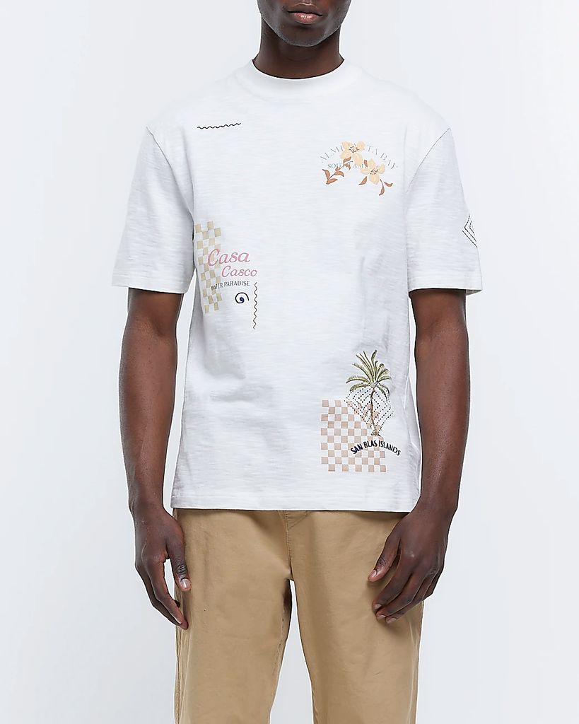 Mens River Island Ecru Regular Fit Graphic Prints T-Shirt