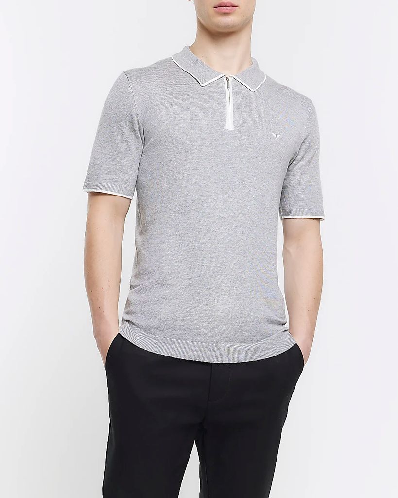 Mens River Island Grey Slim Fit Knitted Quarter Zip Polo