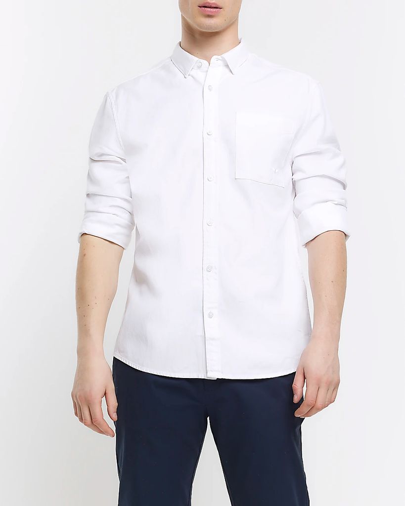 Mens River Island White Regular Fit Lyocell Embroidered Shirt