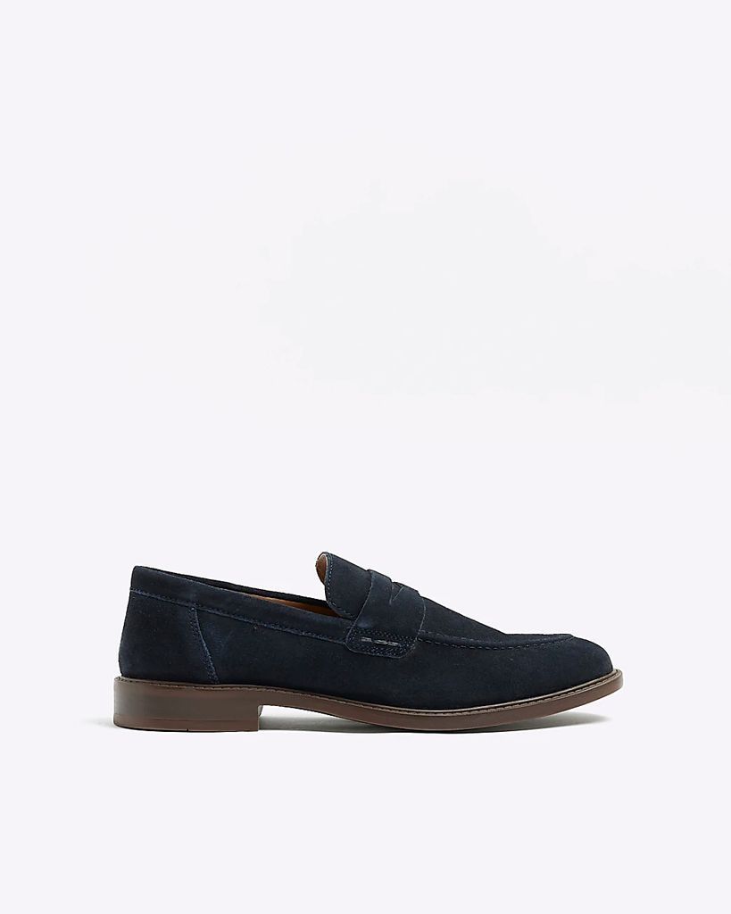 Mens River Island Navy Suede Penny Loafers
