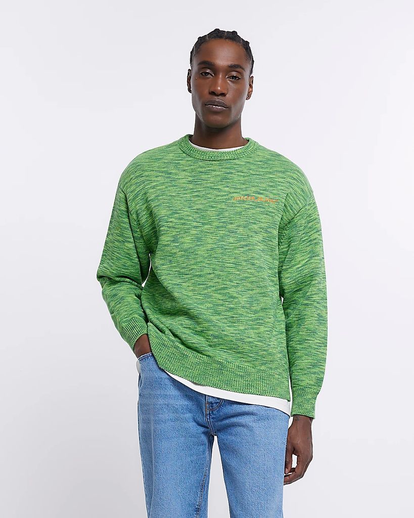 Mens River Island Green Oversized Fit Printed Jumper