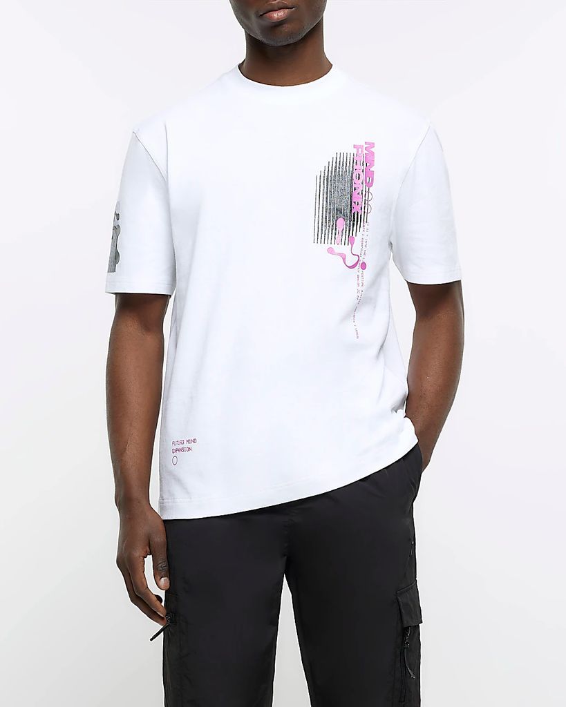 Mens River Island White Regular Fit Graphic Placement T-Shirt