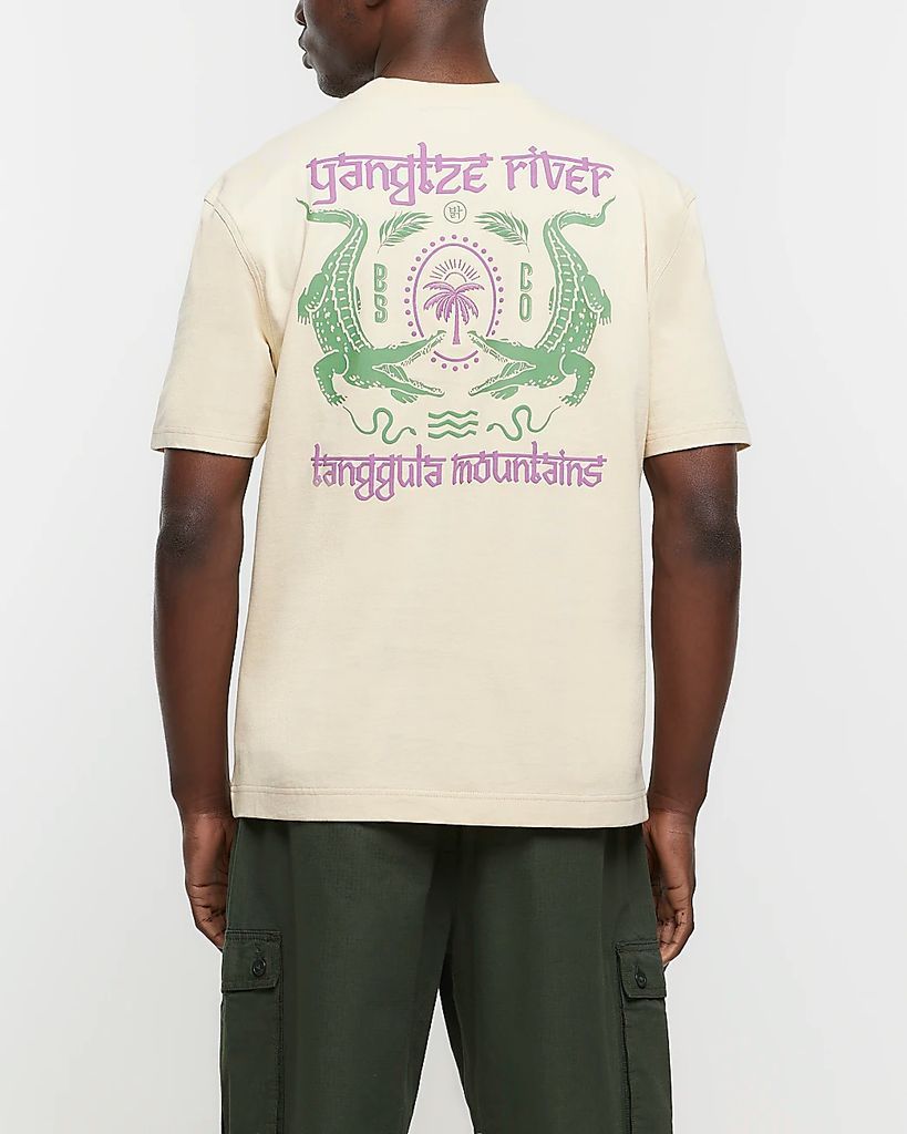 Mens River Island Beige Regular Fit Crocodile Graphic T-Shirt