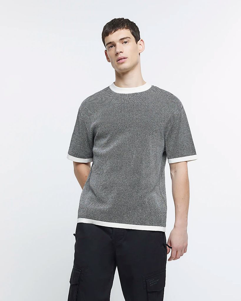 Mens River Island Black Oversized Fit Textured Knitted T-Shirt