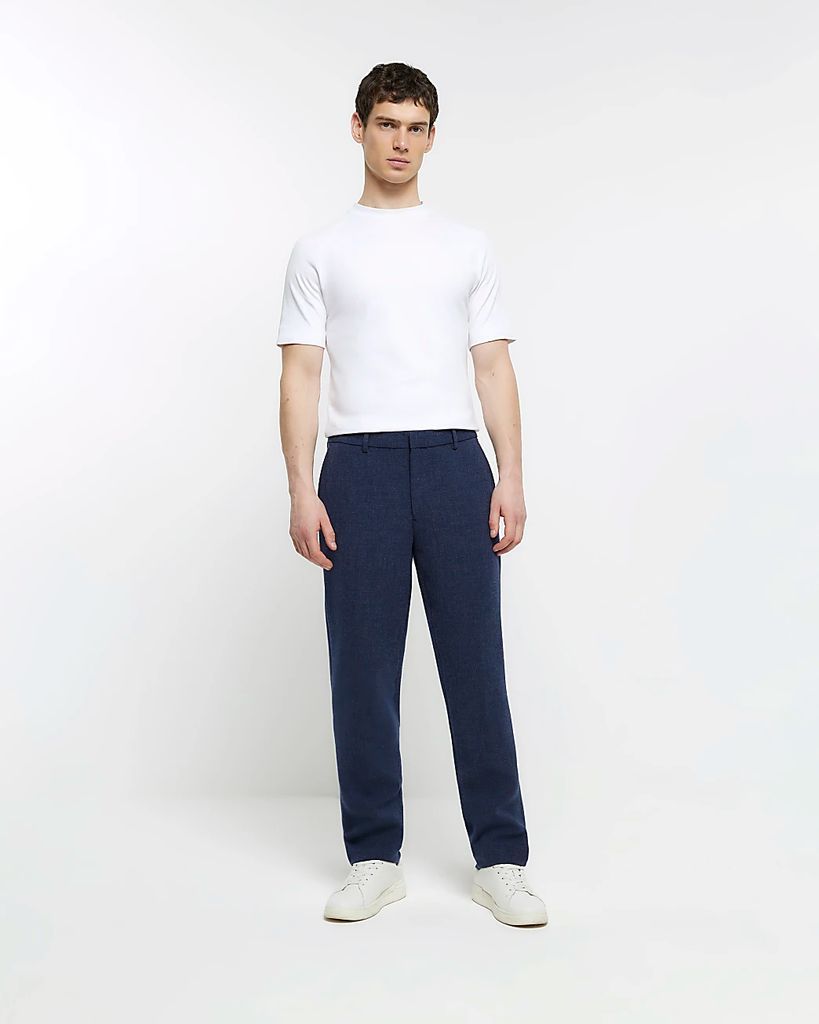 Mens River Island Navy Slim Fit Textured Smart Trousers