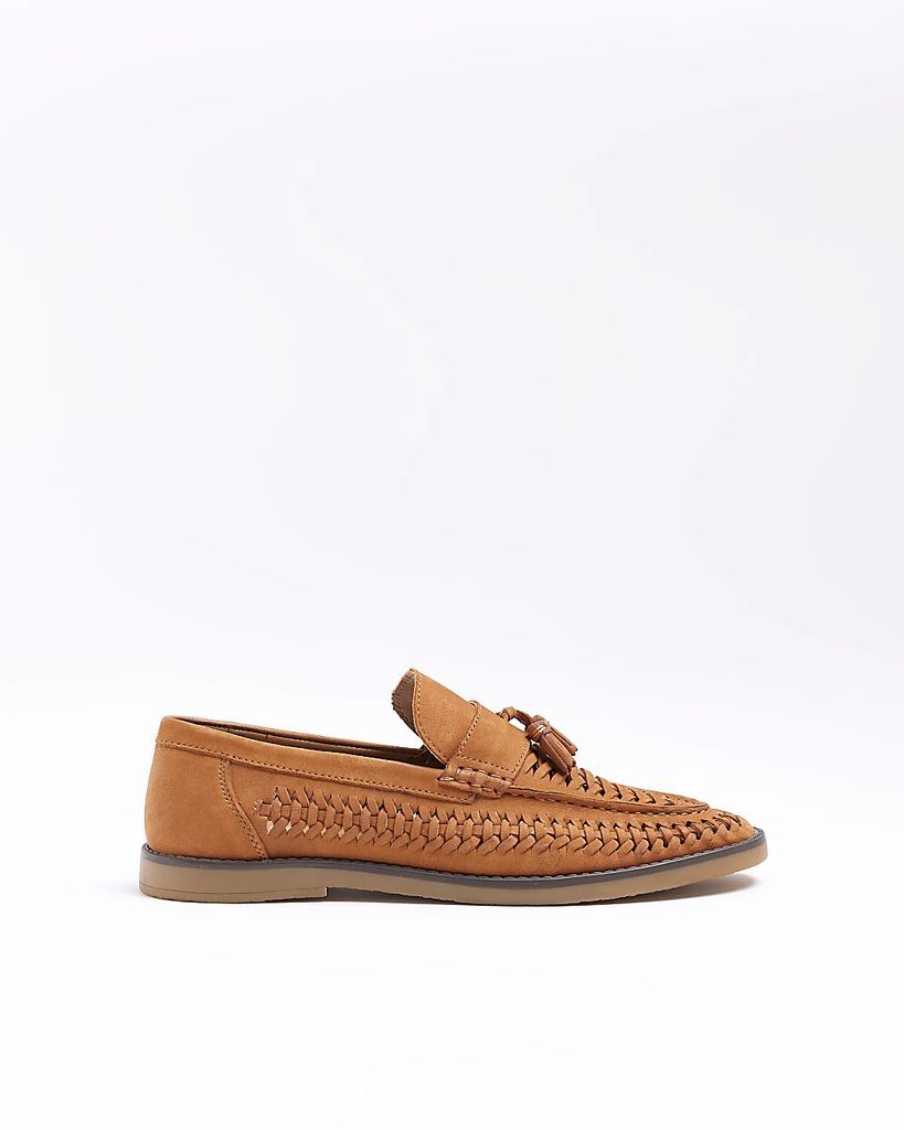 Mens River Island Brown Wide Fit Woven Tassel Detail Loafers