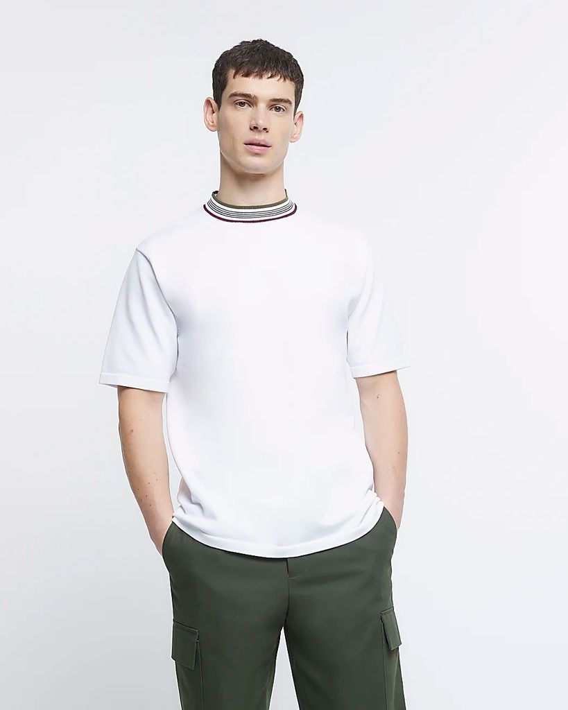Mens River Island White Regular Fit Knitted Taped T-Shirt