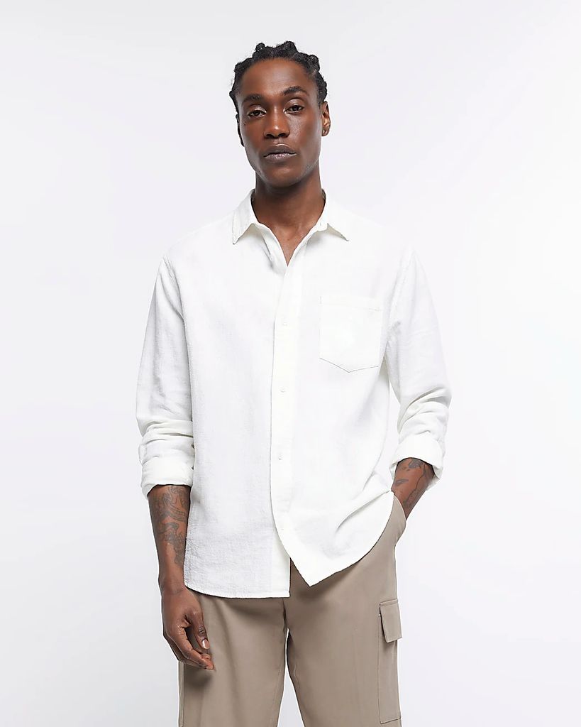 Mens River Island White Regular Fit Linen Blend Shirt