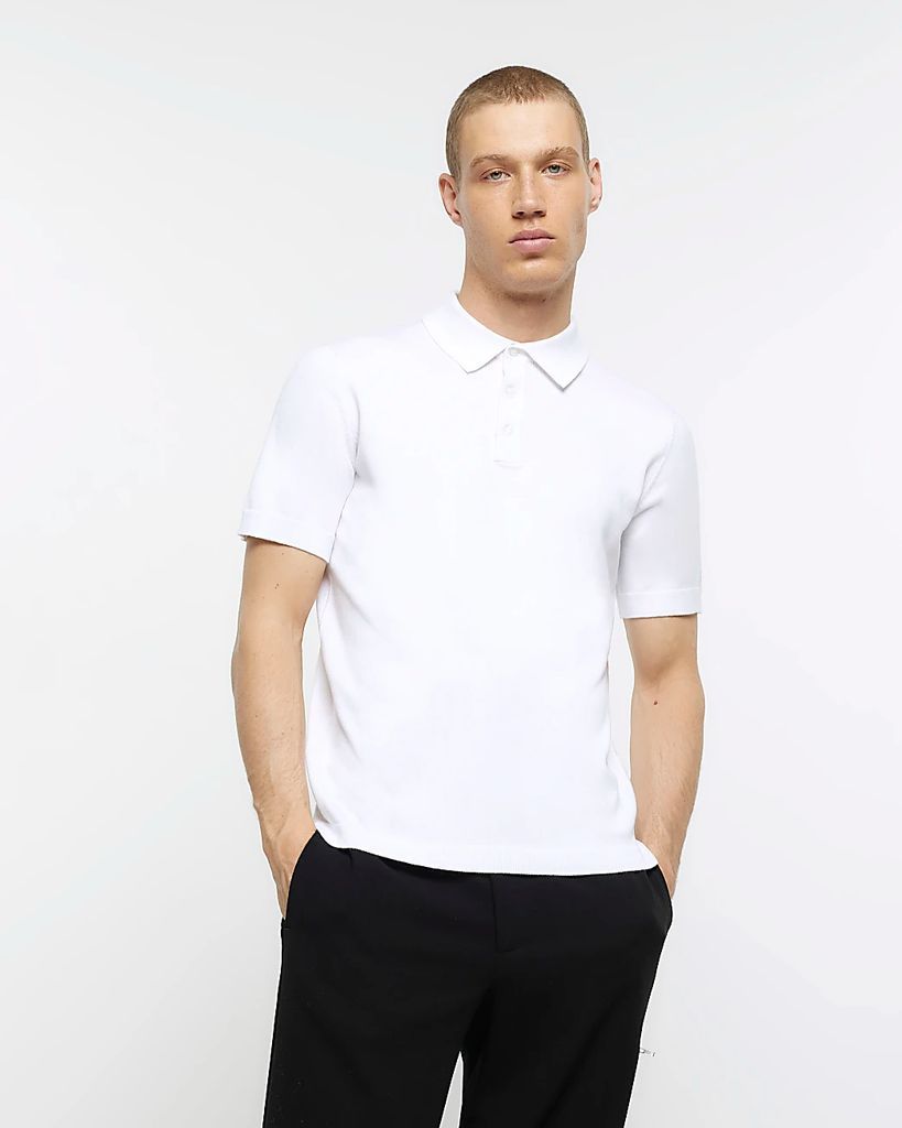 Mens River Island White Slim Fit Knitted Short Sleeve Polo