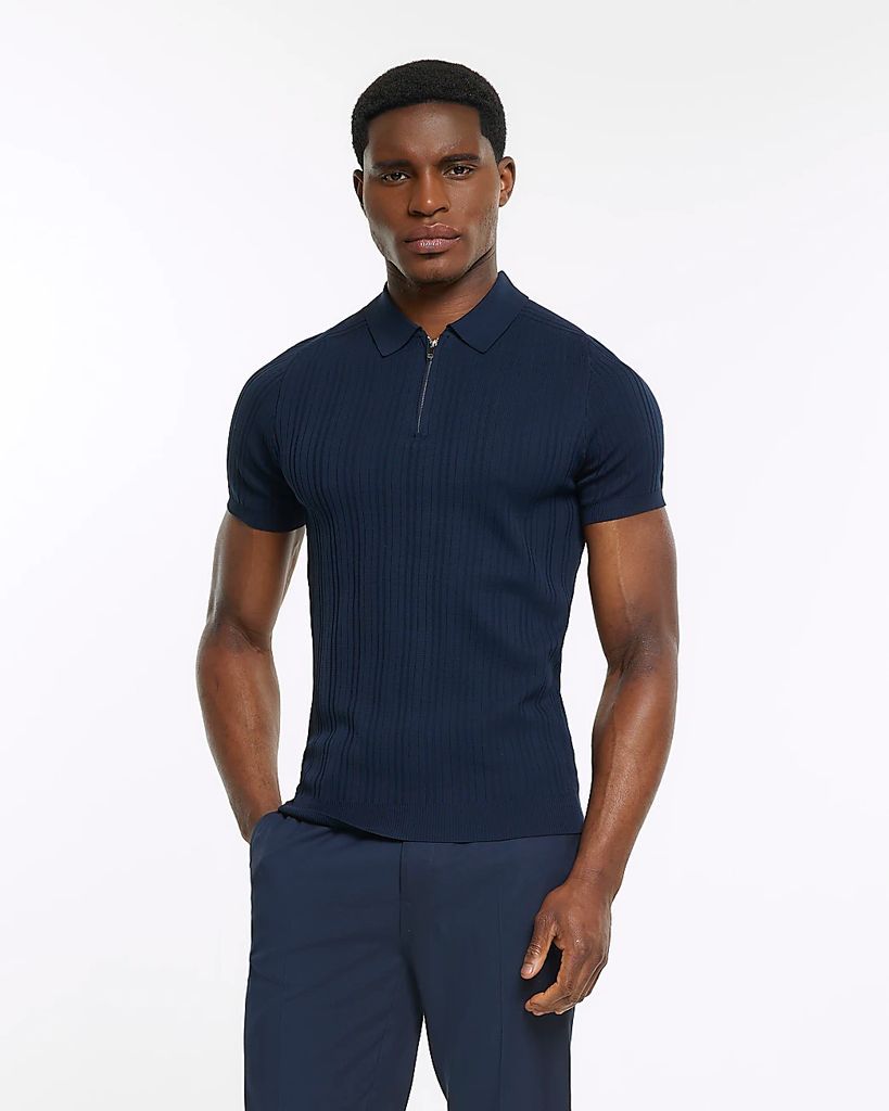 Mens River Island Navy Muscle Fit Ribbed Polo Shirt