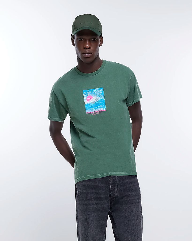 Mens River Island Green Oversized Fit Japanese Graphic T-Shirt