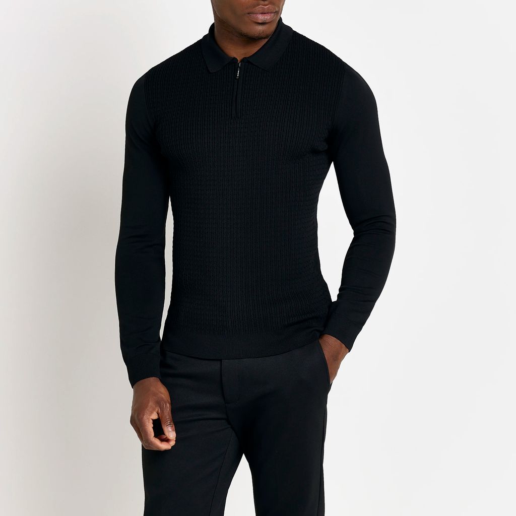 Mens River Island Black Muscle Fit Cable Knit Polo Shirt