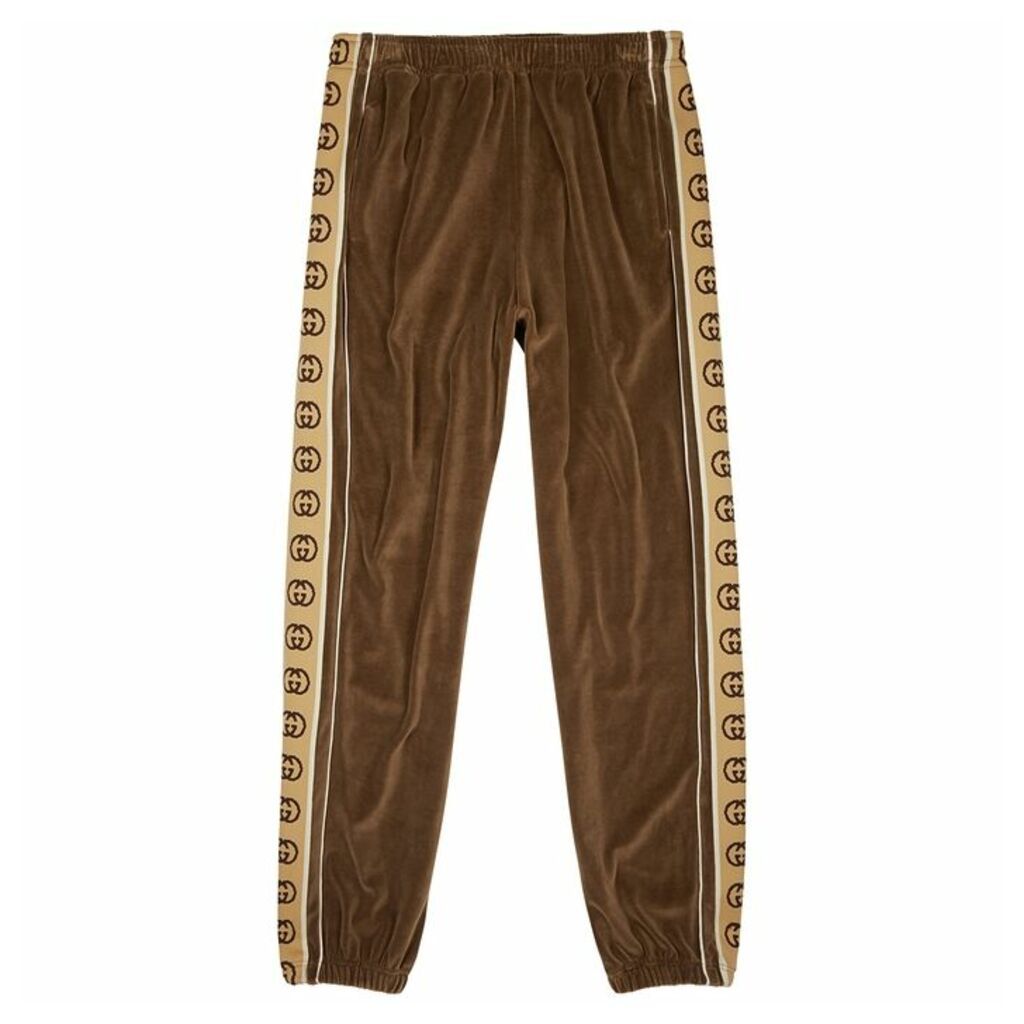 Gucci Brown Monogram-trimmed Velour Sweatpants